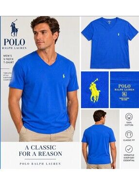 Polo Ralph Lauren Men’s XL Blue V-Neck T-Shirt Yellow Pony 100% Cotton